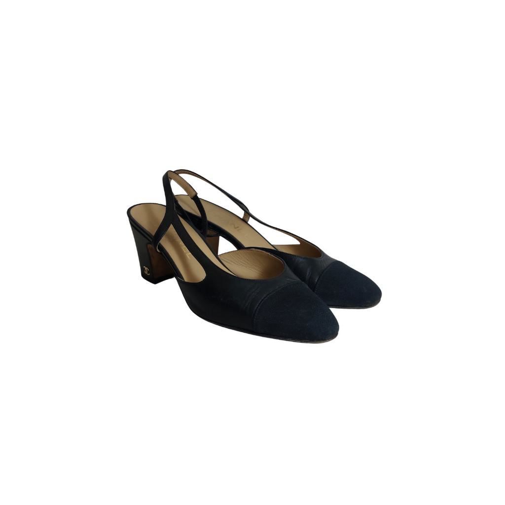Chanel Black Leather CC Slingback Heels | Pre Loved |