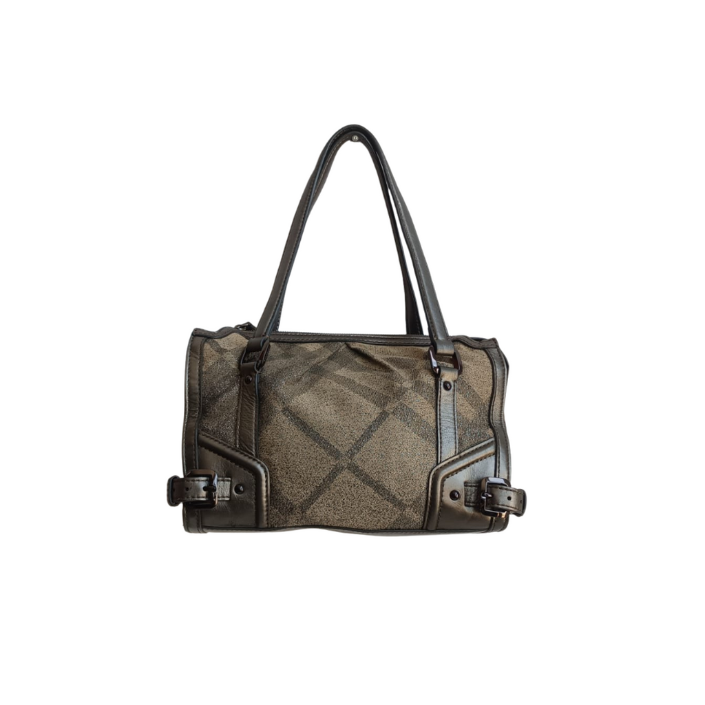 Burberry Beige/Metallic Grey Fabric Check and Leather Pilgrim Tote | Pre Loved |