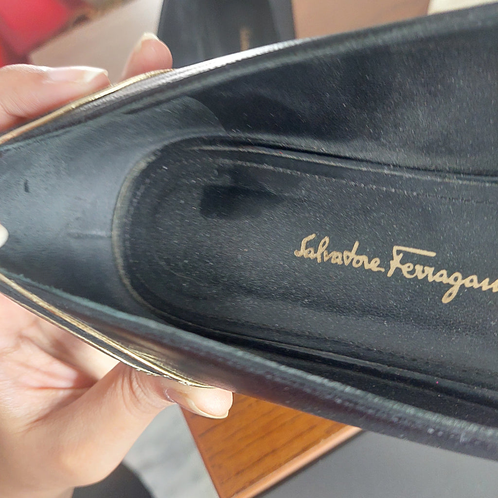 Salvatore Ferragamo Black Leather & patent Block Heels | Pre Loved |