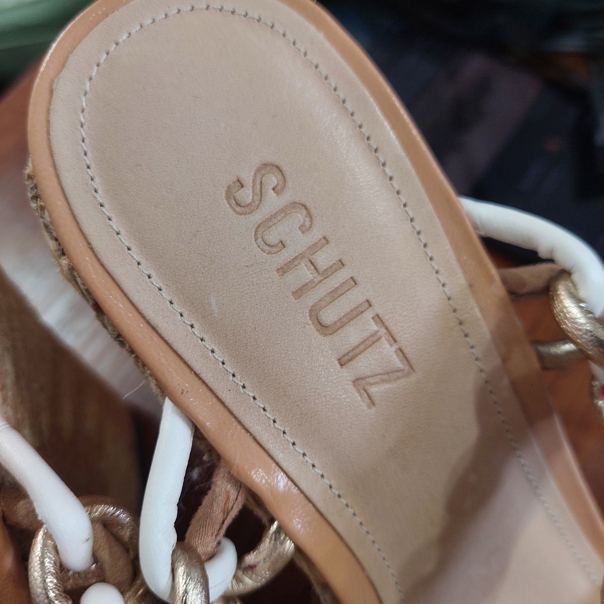 Schutz Juliet Tan And White Chain-trim Wedge Platform Sandals | Gently Used |