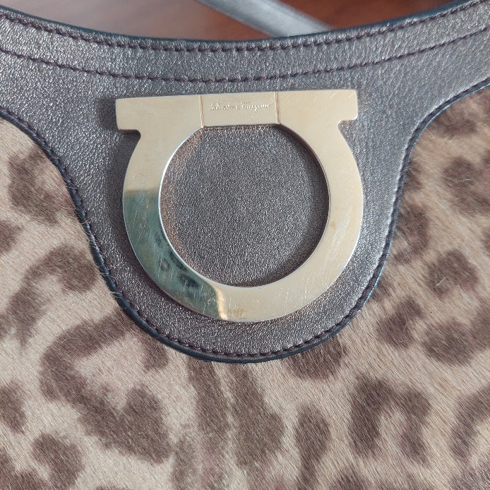 Salvatore Ferragamo Brown Calf Hair Leather Shoulder Bag | Pre Loved |