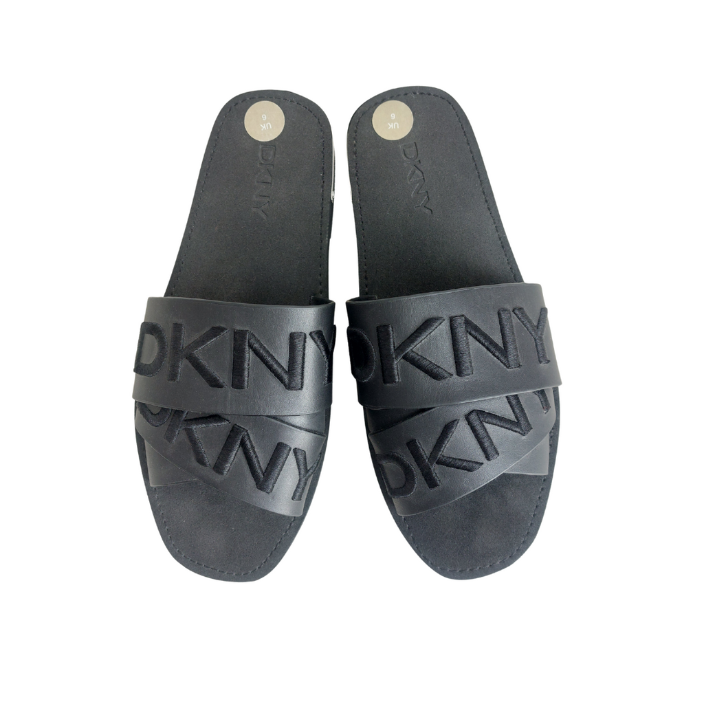 DKNY Black 'Isha' Logo Slide Sandals | Like New |