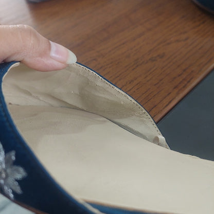 Zara Basic Navy Blue Satin Silver Embroidered Pointed Toe d'Orsay Flats | Pre Loved |