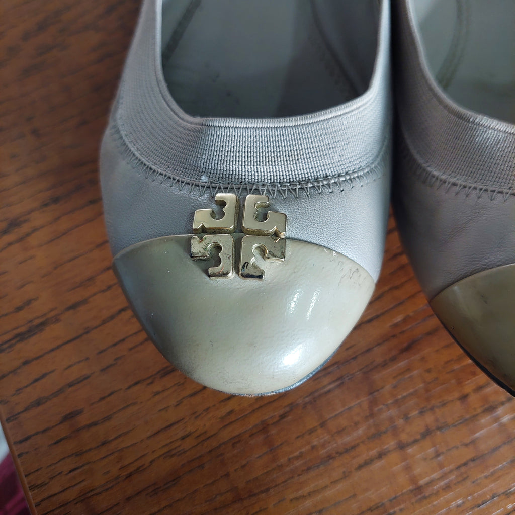Tory Burch Grey Leather Two-Toned Jolie Ballet Flats | Pre Loved |