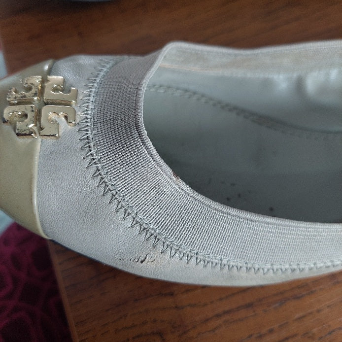 Tory Burch Grey Leather Two-Toned Jolie Ballet Flats | Pre Loved |