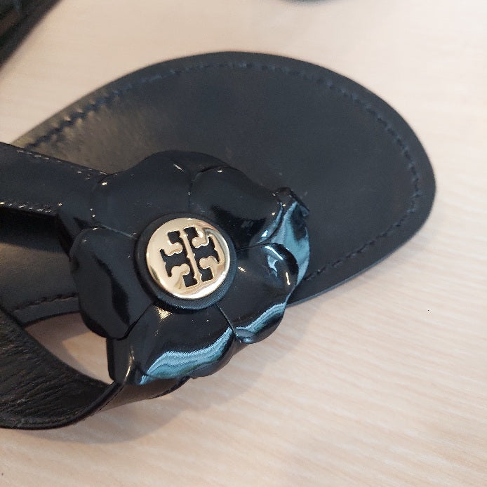 Tory Burch Breely Black Patent Gold Logo Flower Flip-Flops Sandals | Pre Loved |