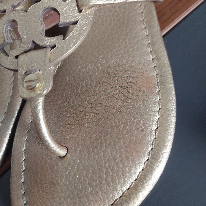 Tory Burch Gold Tumbled Metallic Leather Miller Sandals | Pre Loved |