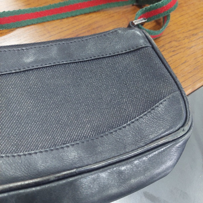 Gucci Black Denim & Leather Web Stripe Shoulder Bag | Pre Loved |