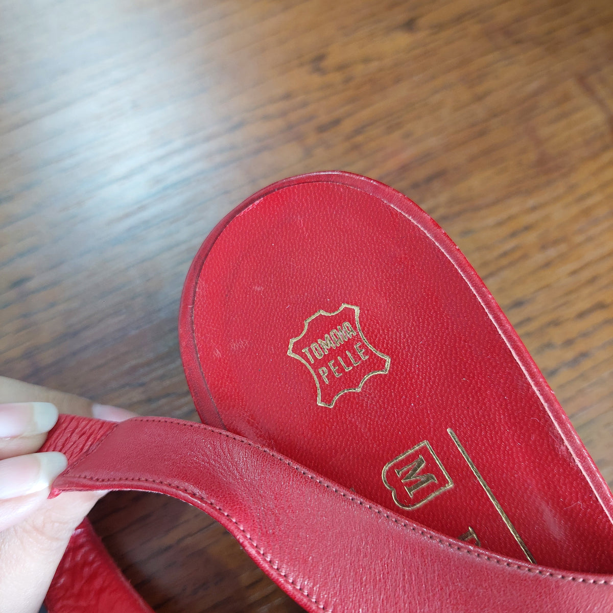 Bruno Magli Red Leather Peep Toe Studded Slingback Wedges | Pre Loved |