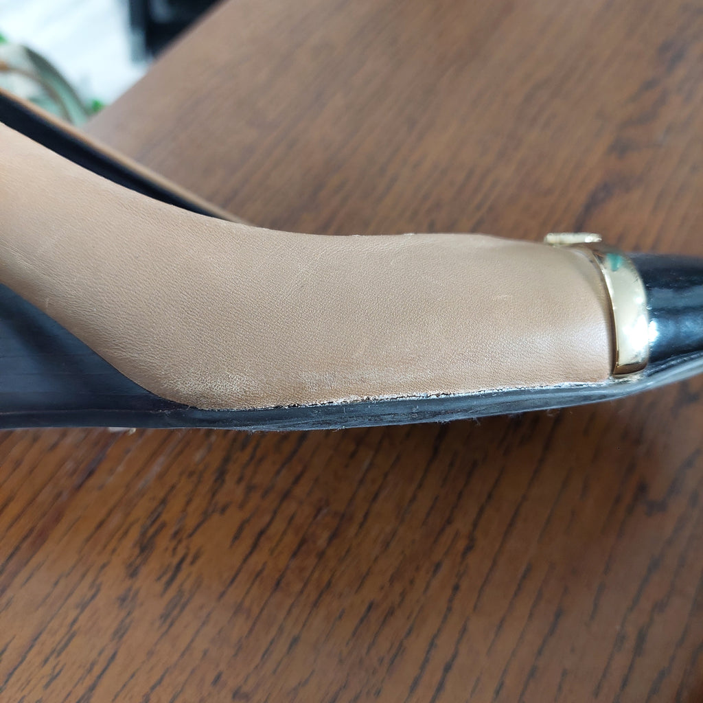 Tory Burch Tan Two Tone Patent Leather Caroline Wedges | Pre Loved |