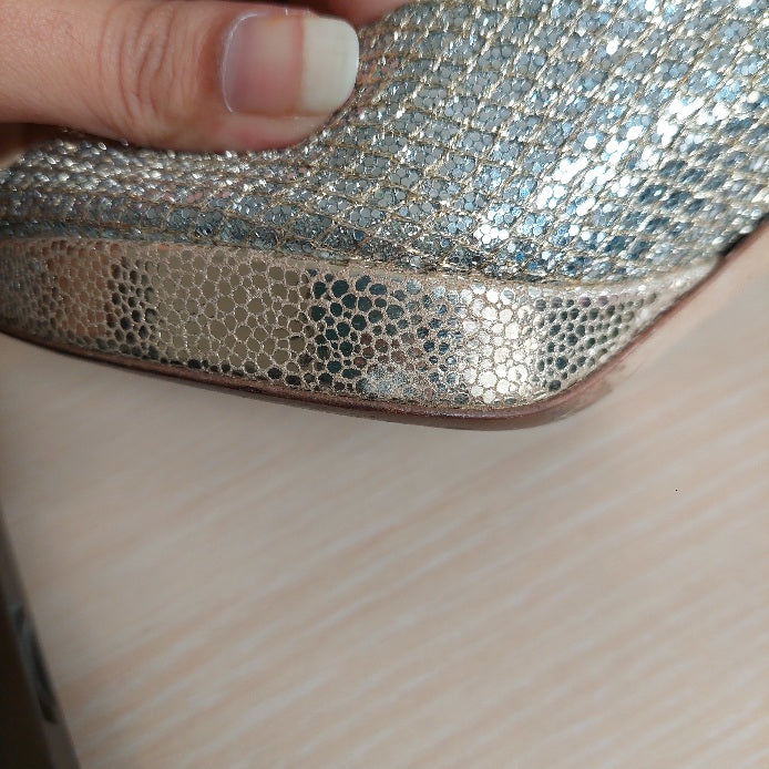 Jimmy Choo Silver & Gold Glitter Mesh Fabric Peep Toe Heels | Pre Loved |