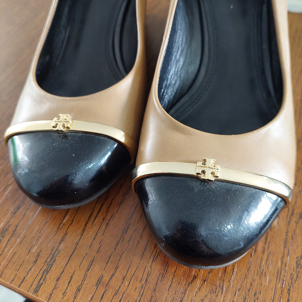 Tory Burch Tan Two Tone Patent Leather Caroline Wedges | Pre Loved |