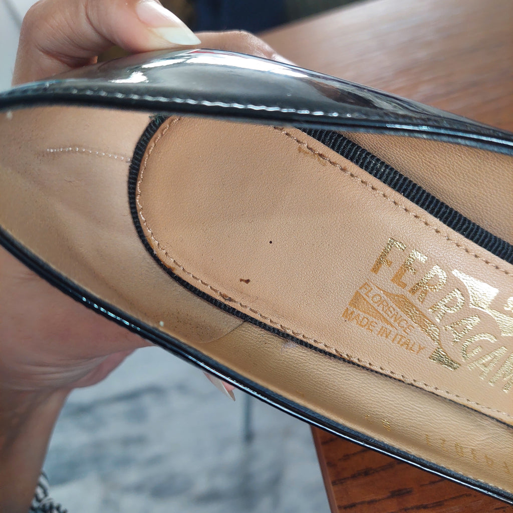 Salvatore Ferragamo Black Patent Leather Vara Bow Block Heels Pumps | Gently Used |