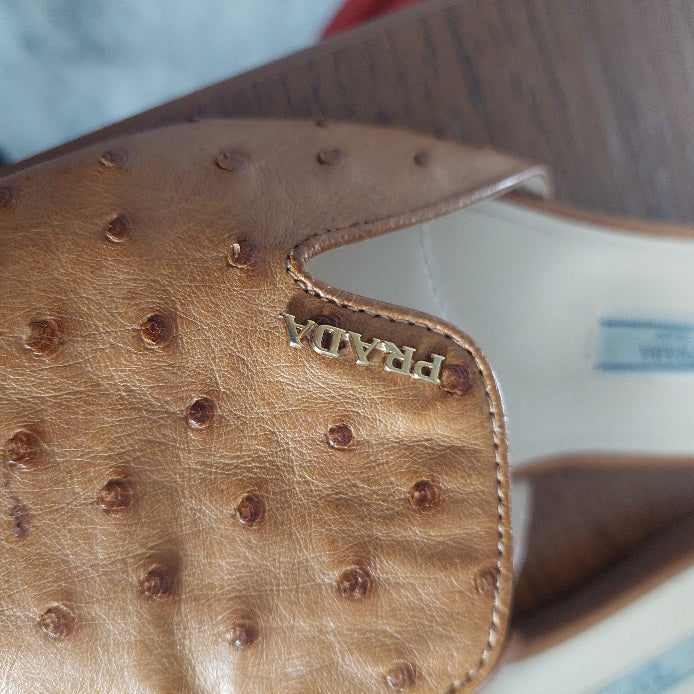 Prada Brown Ostrich Leather Slide Mules | Pre Loved |