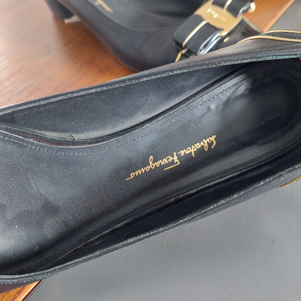 Salvatore Ferragamo Black Leather & patent Block Heels | Pre Loved |