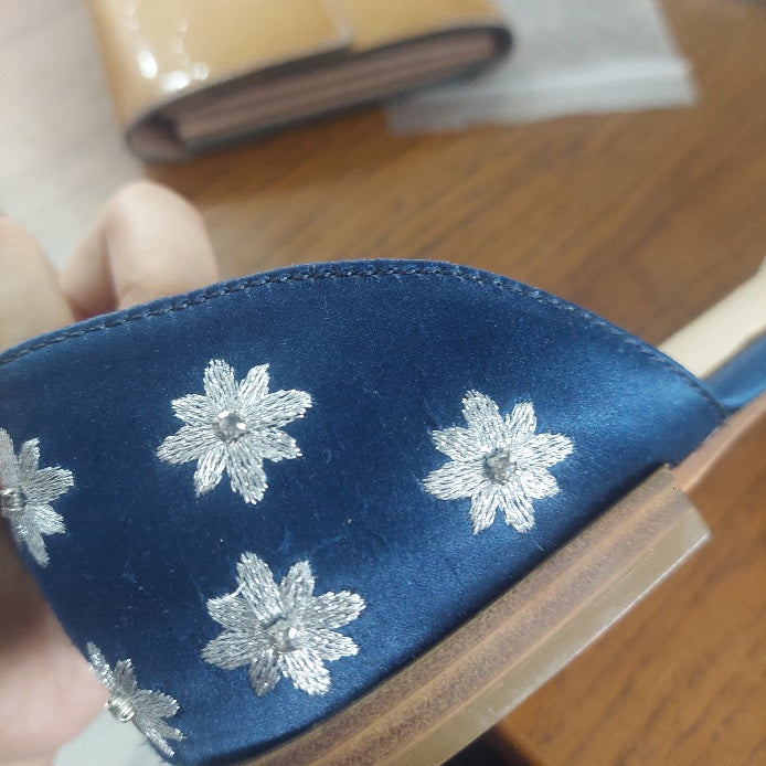 Zara Basic Navy Blue Satin Silver Embroidered Pointed Toe d'Orsay Flats | Pre Loved |