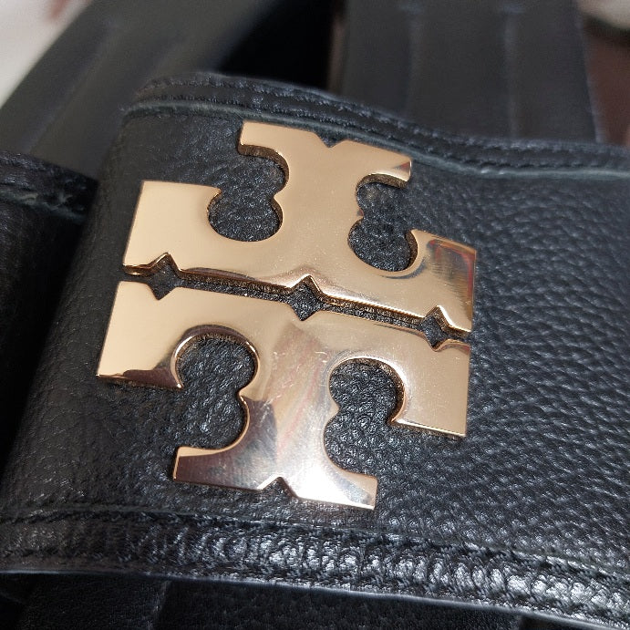 Tory Burch Black Leather 'Lowell 2' Wedge Sandals | Pre Loved |