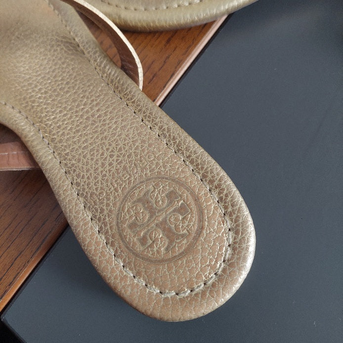 Tory Burch Gold Tumbled Metallic Leather Miller Sandals | Pre Loved |