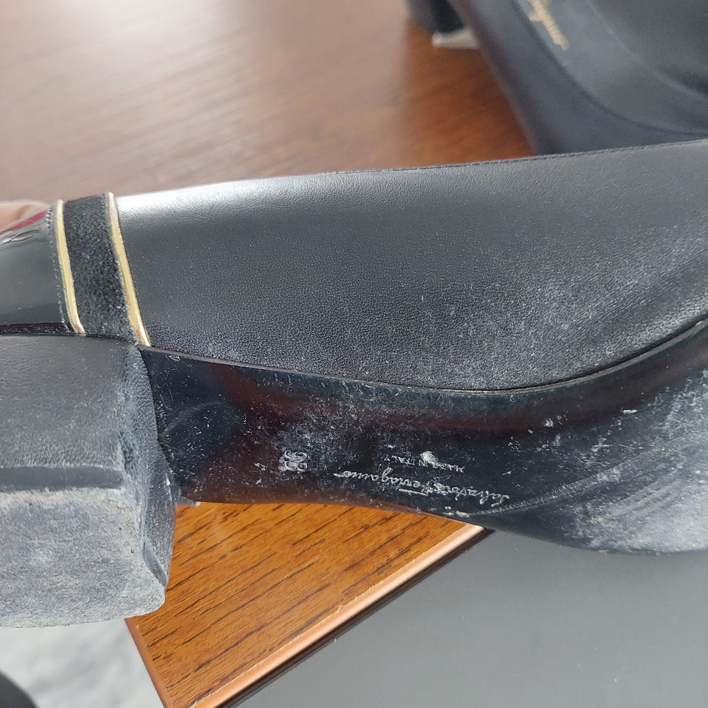 Salvatore Ferragamo Black Leather & patent Block Heels | Pre Loved |