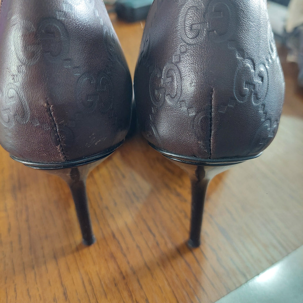 Gucci Brown Guccissima Leather Horsebit D'orsay Peep Toe Pumps | Pre Loved |