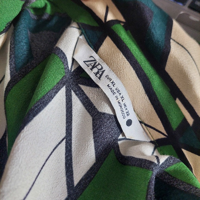 Zara Green, Beige, & Black Printed Collared Shirt | Like New |