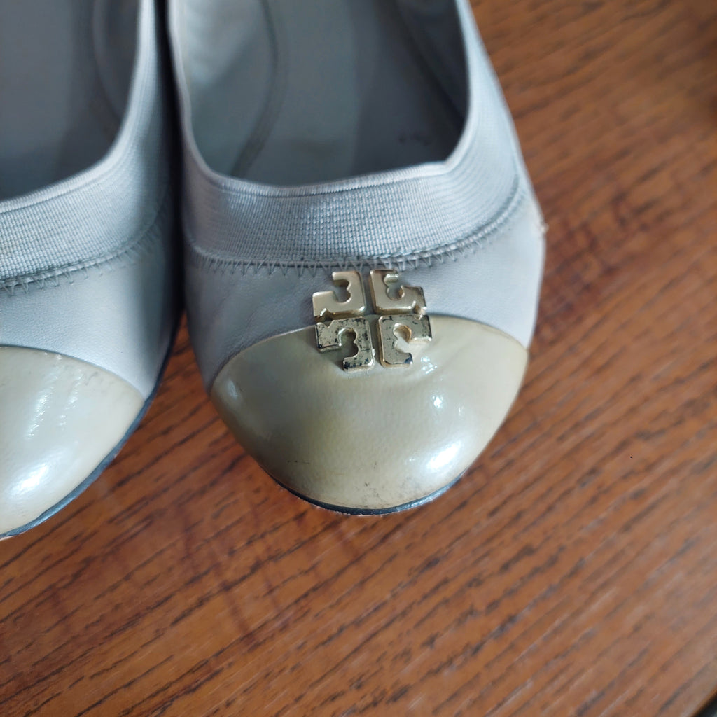 Tory Burch Grey Leather Two-Toned Jolie Ballet Flats | Pre Loved |