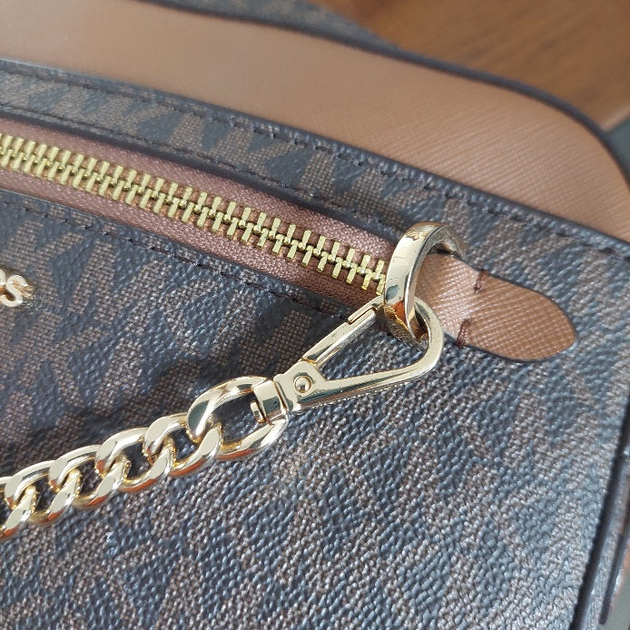 Michael Kors Brown Monogram Jet Set Zipper Chain Crossbody Bag | Pre Loved |