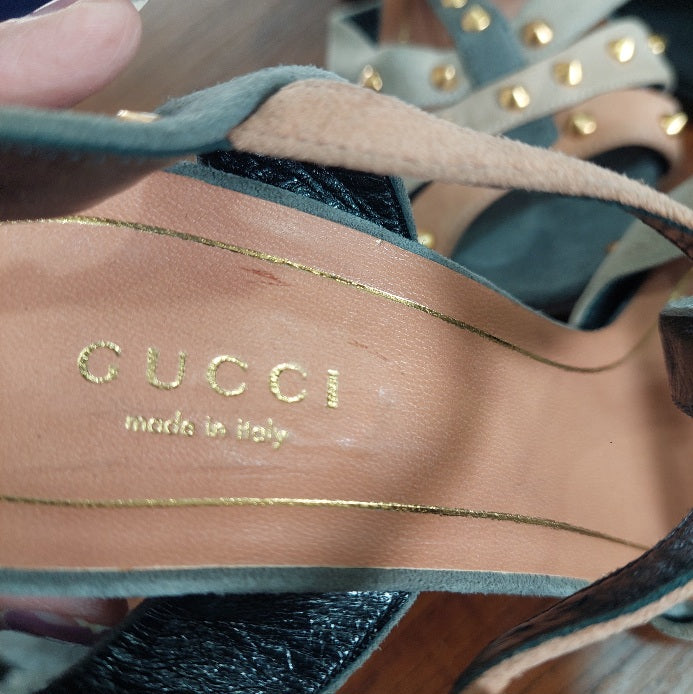 Gucci Multicolor Suede Studded Ankle Strap Sandals | Pre Loved |