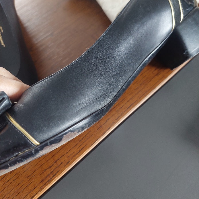 Salvatore Ferragamo Black Leather & patent Block Heels | Pre Loved |