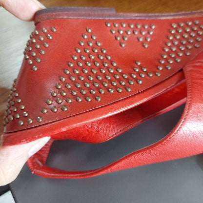 Bruno Magli Red Leather Peep Toe Studded Slingback Wedges | Pre Loved |