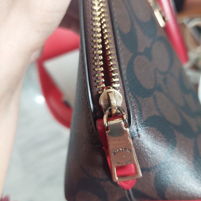 Coach Brown/Red Canvas & Leather Katy Signature Dome Satchel Bag | Pre Loved |