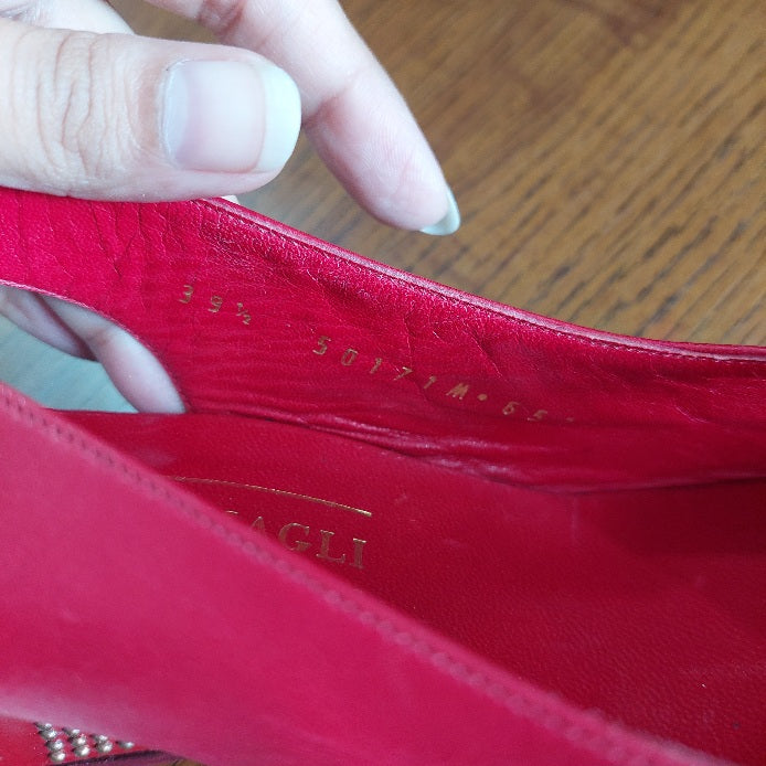 Bruno Magli Red Leather Peep Toe Studded Slingback Wedges | Pre Loved |