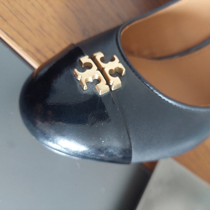Tory Burch Black Leather Everly Cap Toe Wedges | Gently Used |