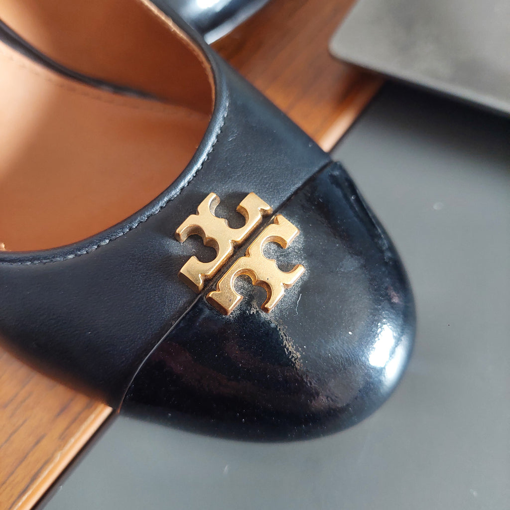 Tory Burch Black Leather Everly Cap Toe Wedges | Gently Used |
