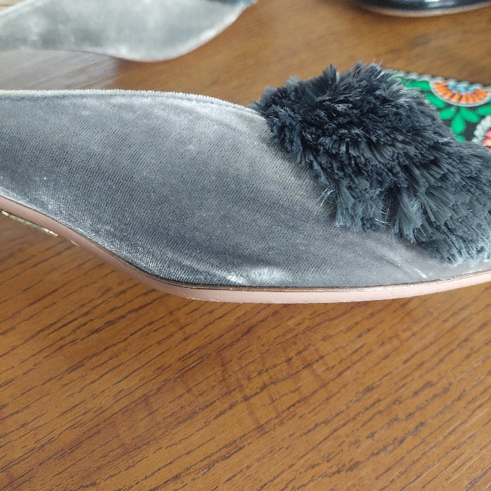 Aquazzura Grey Velvet Powder Puff Mules | Pre Loved |