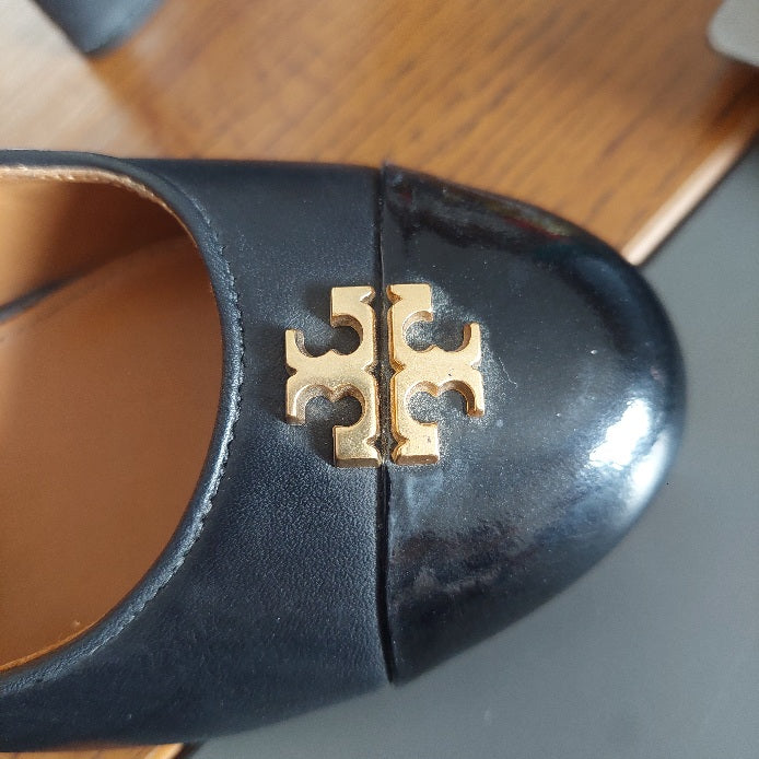 Tory Burch Black Leather Everly Cap Toe Wedges | Gently Used |