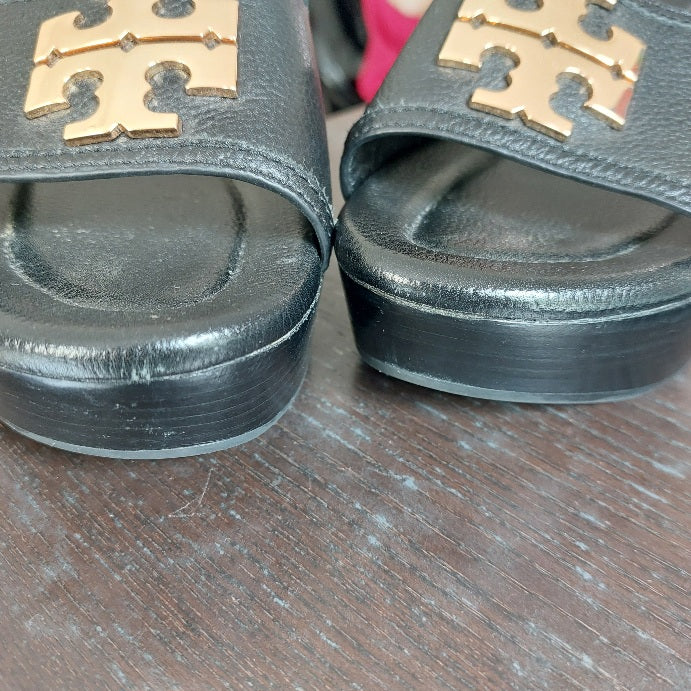 Tory Burch Black Leather 'Lowell 2' Wedge Sandals | Pre Loved |