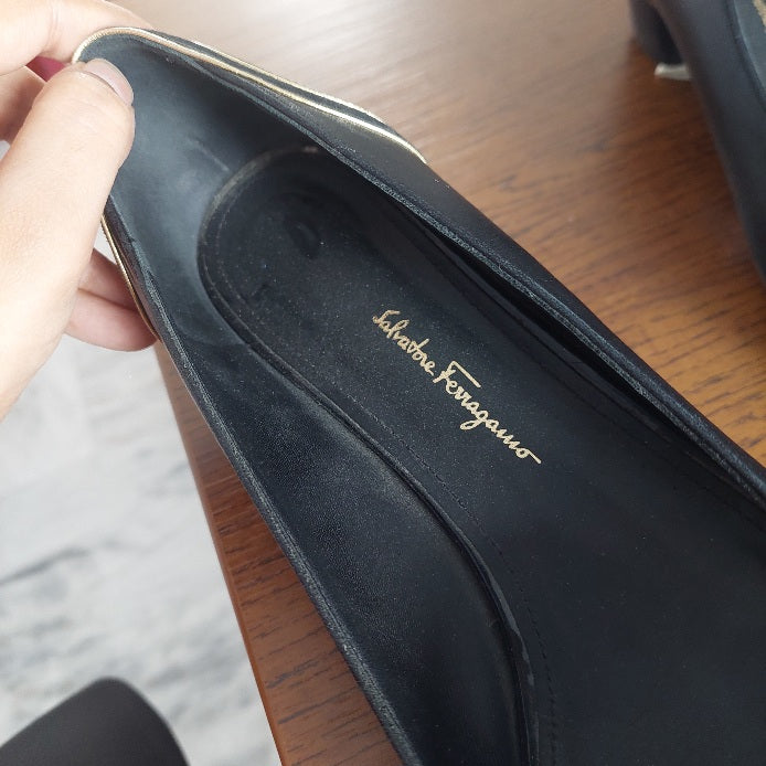 Salvatore Ferragamo Black Leather & patent Block Heels | Pre Loved |