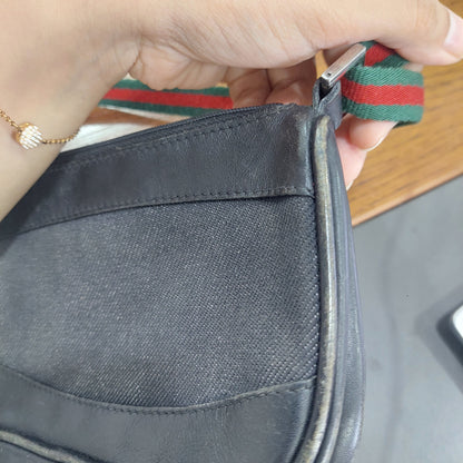 Gucci Black Denim & Leather Web Stripe Shoulder Bag | Pre Loved |
