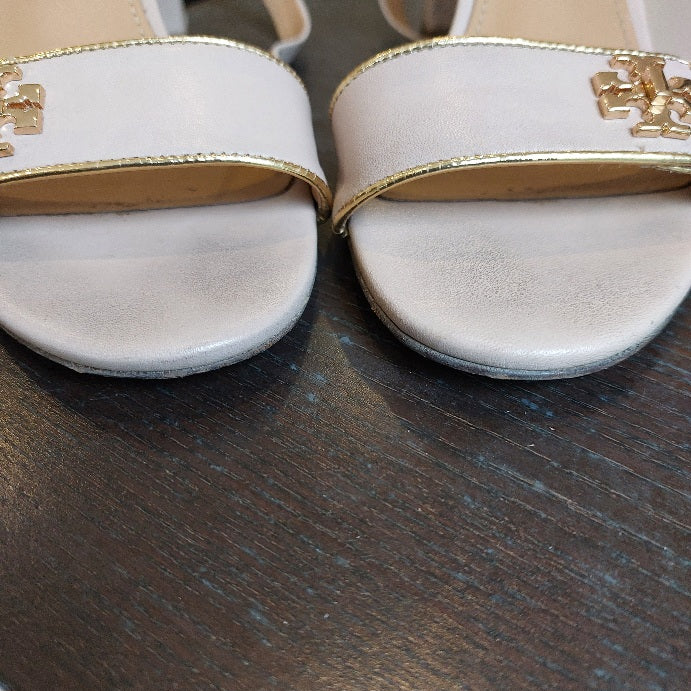 Tory Burch Light Taupe Calf Leather 'Kira' Wedge Sandals | Pre Loved |
