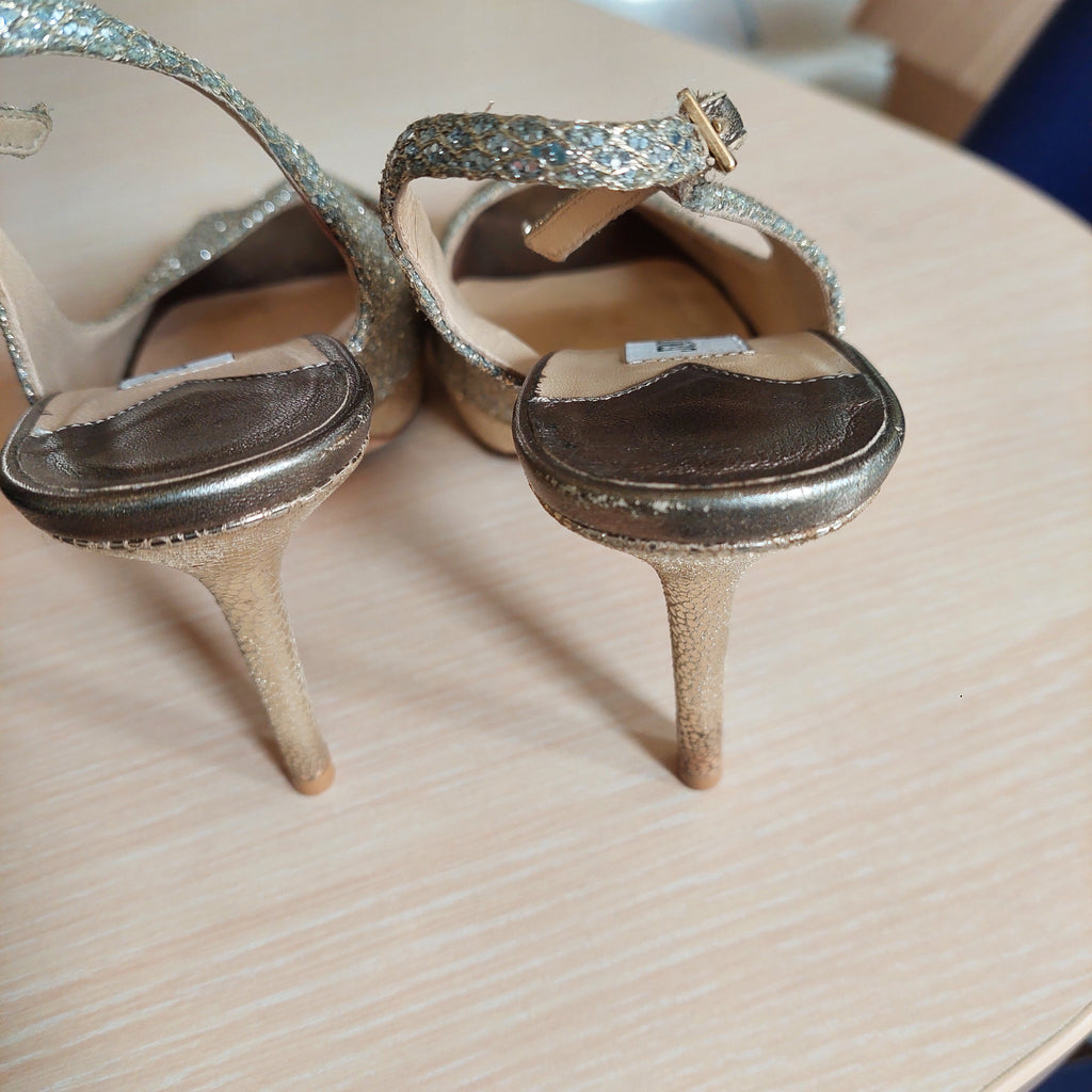 Jimmy Choo Silver & Gold Glitter Mesh Fabric Peep Toe Heels | Pre Loved |