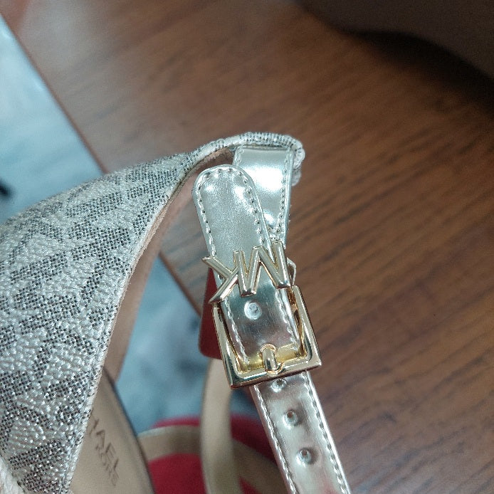 Michael Kors Serena Metallic Logo Wedge Sandals | Brand New |