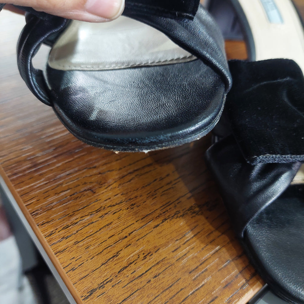 Prada Black Leather & Velvet Bow Block Heel Sandals | Pre Loved |