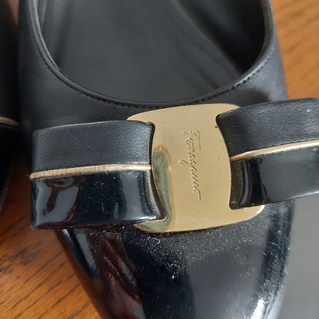 Salvatore Ferragamo Black Leather & patent Block Heels | Pre Loved |