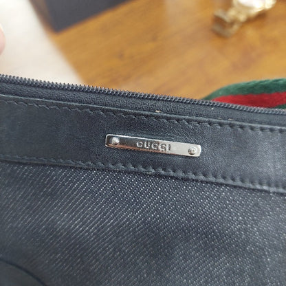Gucci Black Denim & Leather Web Stripe Shoulder Bag | Pre Loved |
