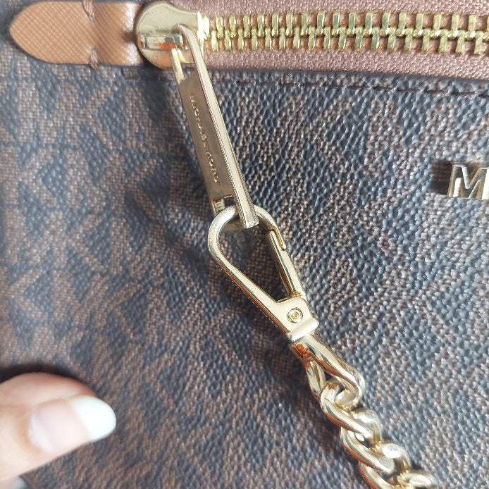 Michael Kors Brown Monogram Jet Set Zipper Chain Crossbody Bag | Pre Loved |