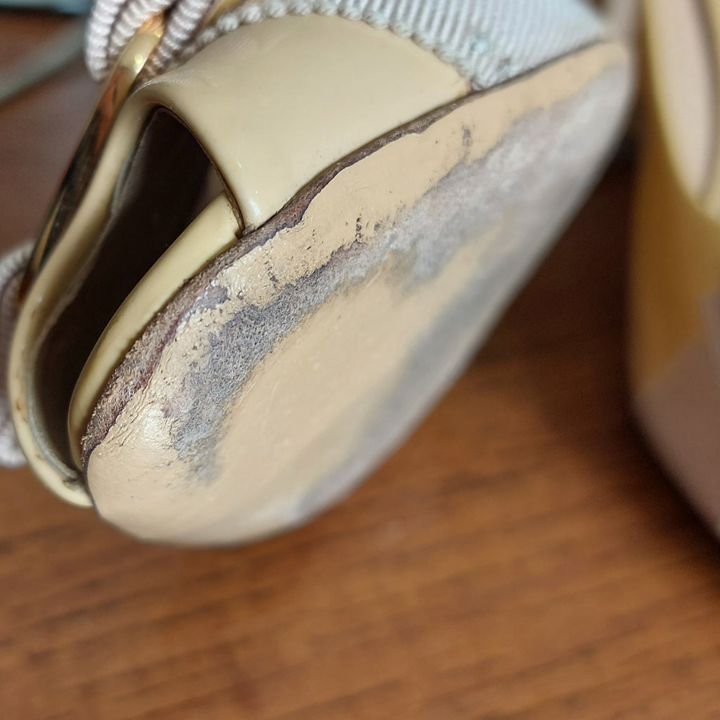 Salvatore Ferragamo Beige Patent Leather Peep Toe Heels | Pre Loved |