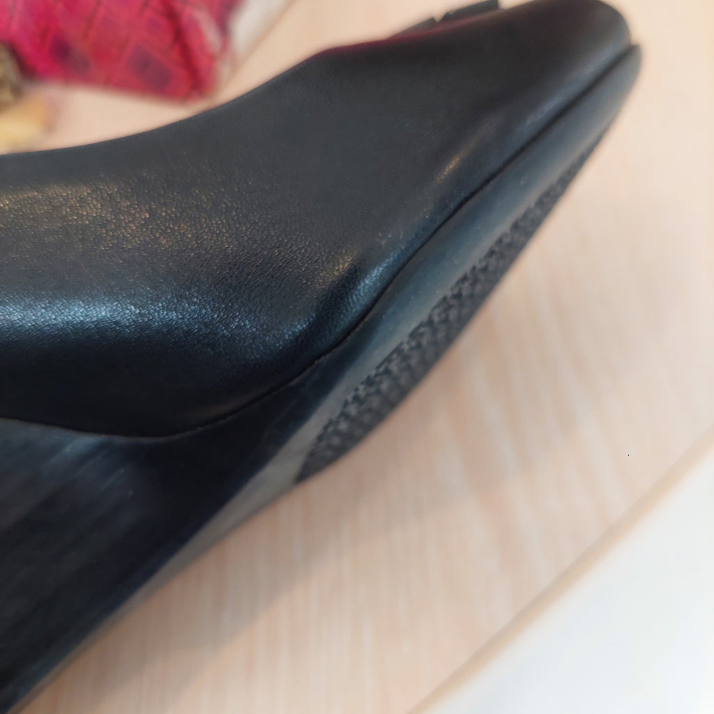 Tory Burch Black Leather Peep Toe Wedges | Pre Loved |