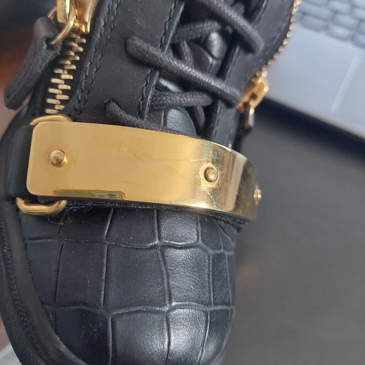 Giuseppe Zanotti Black Crocodile Embossed Leather Lorenz Wedges | Pre Loved |