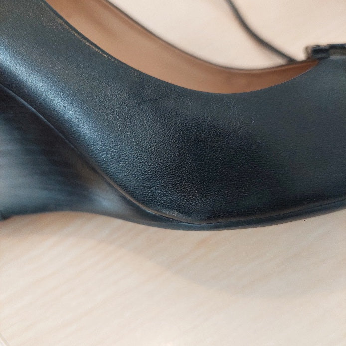 Tory Burch Black Leather Peep Toe Wedges | Pre Loved |